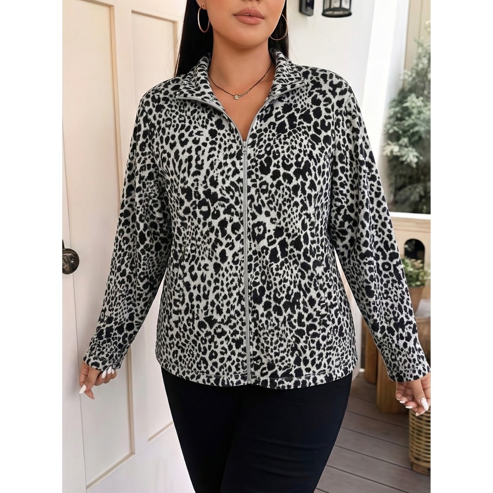 Catherines Leopard Print Full Zip Sweatshirt 1X 18/20W Black White Animal Print